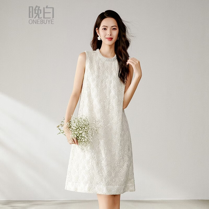 晚白2026年春款时尚钉珠圆领直筒裙子亮丝立体绣花无袖连衣裙 杏色 S
