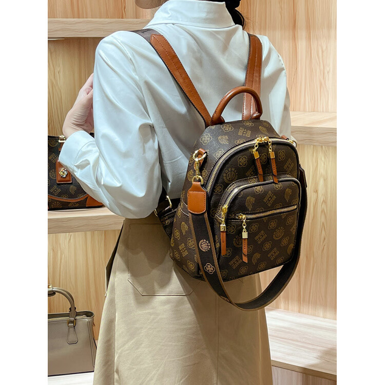 IT MANCLACYK香港代购真皮背包女2025新款老花双肩包潮流时尚单肩包 兔棕色_专柜礼盒套装