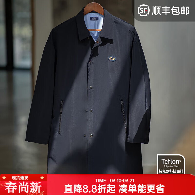 马登工装 美式复古Teflon三防巴尔玛肯风衣翻领中长款大衣外套男 藏青色 XL
