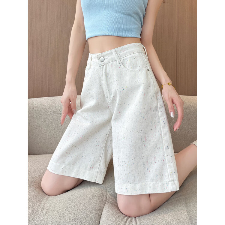 MODX碎花点白色五分牛仔短裤女2025年年夏薄款高腰显瘦字阔腿裤中裤 白色 XS