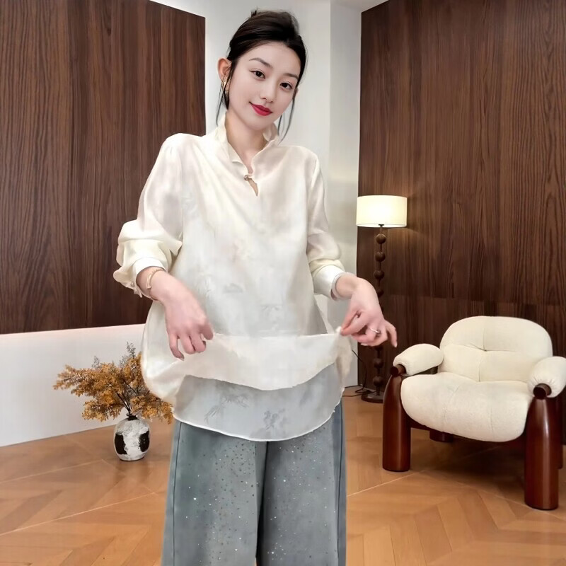 MODX大码新中式国风旗袍领一粒扣长袖衬衫女早春新款胖显瘦打底上衣 图片色【独特漂亮/今年流行】 M 建议90-100斤