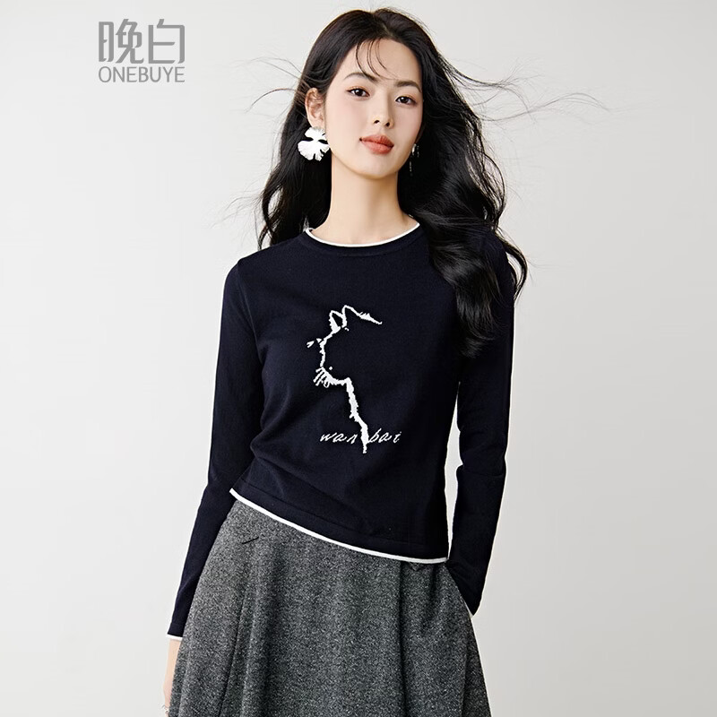 晚白【新品】2026春款时尚撞色圆领毛衣柔软舒适百搭针织衫女 藏青色 L