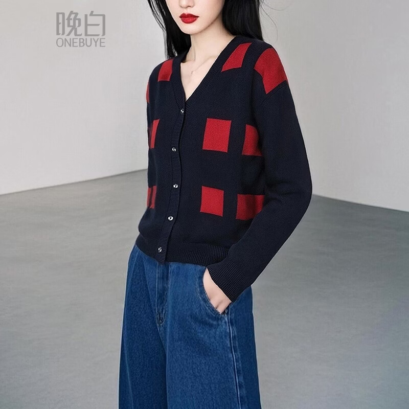 晚白【新品】2026年春款时尚复古撞色V领上衣柔软亲肤百搭针织衫女 藏青色 S