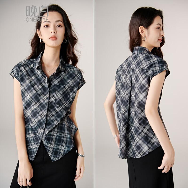 晚白【新品】2026年春款时尚复古格纹上衣挺括利落干练通勤无袖衬衫女 格子 M
