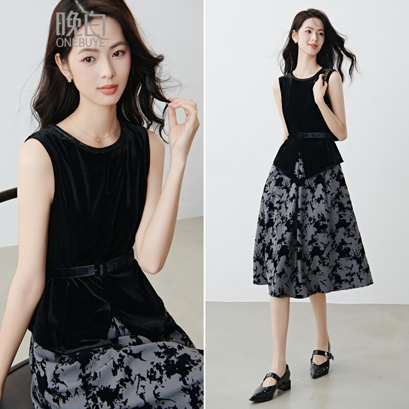 晚白2026年春款法式复古丝绒假两件水墨扎染手工钉珠无袖连衣裙 黑灰色 S