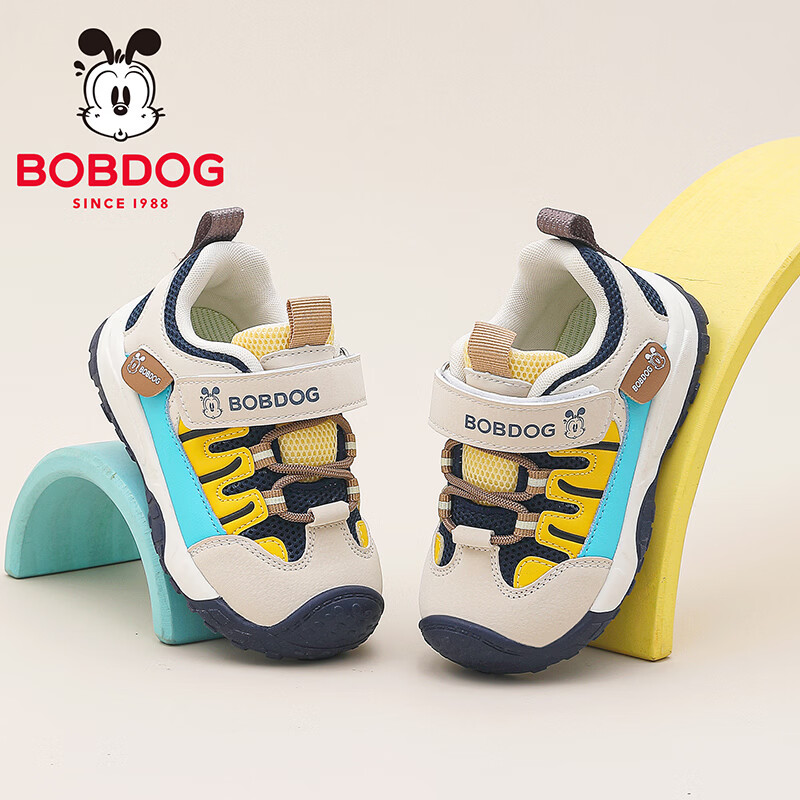 巴布豆童鞋男宝宝学步鞋软底春秋男童防滑机能鞋2026新款儿童鞋子女童鞋 米/藏青蓝 23