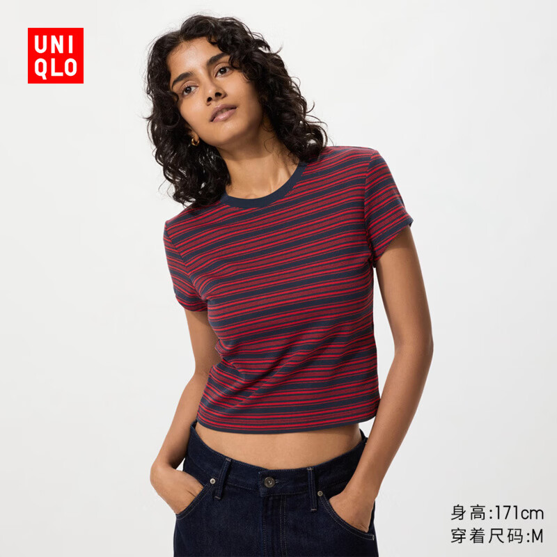 优衣库女装圆领短T恤/条纹26春夏新款483535 17 枣红色 L