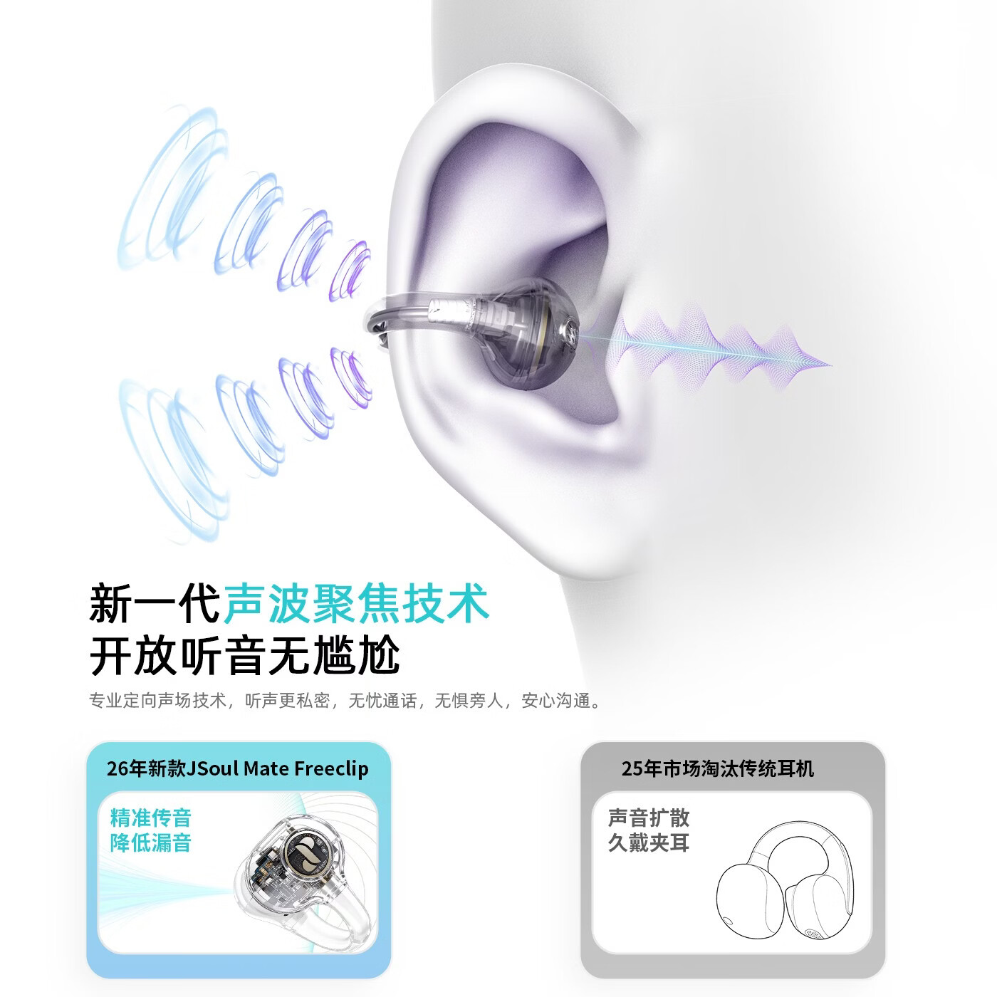 JSOULMate Freeclip【2026新款】耳夹开放式降噪蓝牙耳机不入耳AI翻译运动防汗耳机适配苹果华为手机 石墨黑【科大讯飞AI翻译+ANC降噪+蓝牙6.0+32H续航】