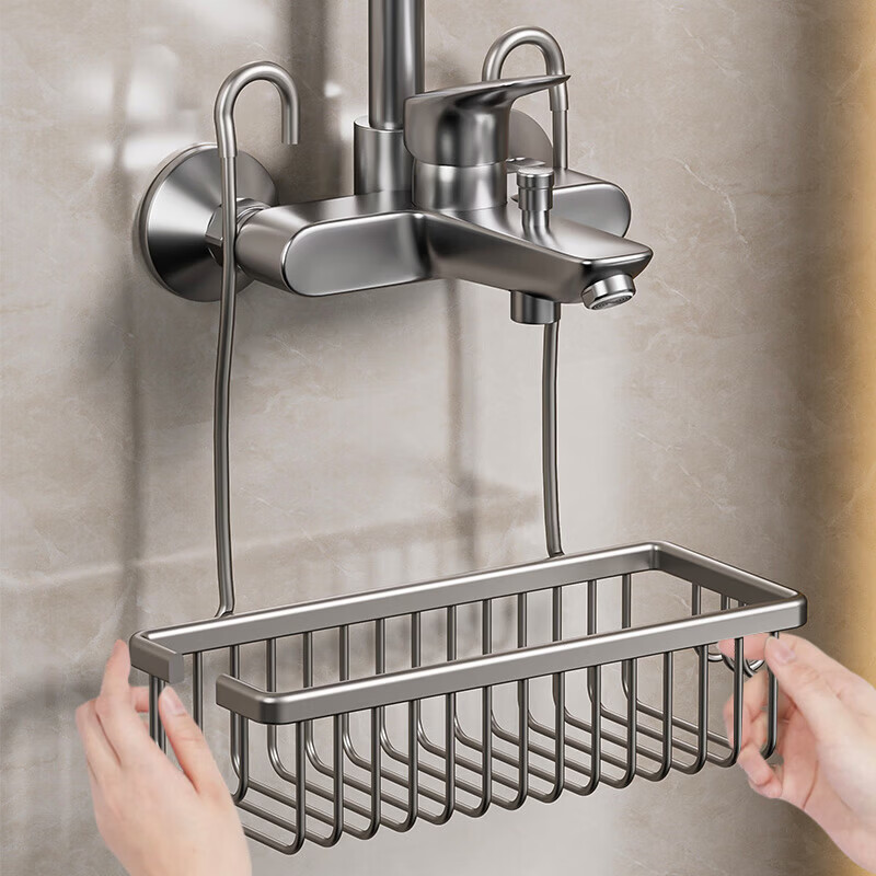 浴室置物架免打孔淋浴房卫生间花洒挂架洗发水沐浴露挂篮厕所收纳 太空铝加深挂篮黑色大号带钩