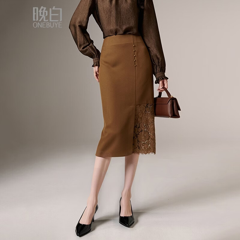 晚白【新品】2026年春款气质直筒裙蕾丝拼接挺括修身通勤半身裙 深咖色 S