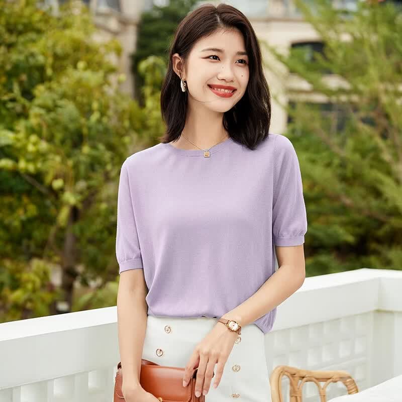 恒源祥短袖针织t恤女装简约圆领夏季纯色套头半袖针织衫桑蚕丝上衣ins 海洋蓝 2XL /180/100A