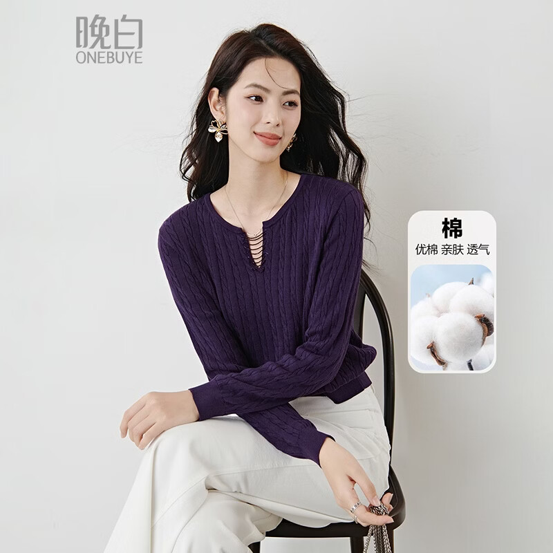 晚白2026年春款串珠小V领莱赛尔天丝棉亲肤宽松绞花针织衫女 紫色 S