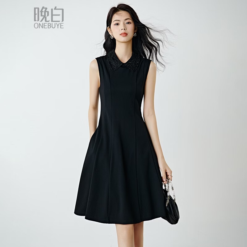 晚白【新品】2026年春款时尚翻领钉珠裙子修身显瘦气质无袖连衣裙 黑色 L