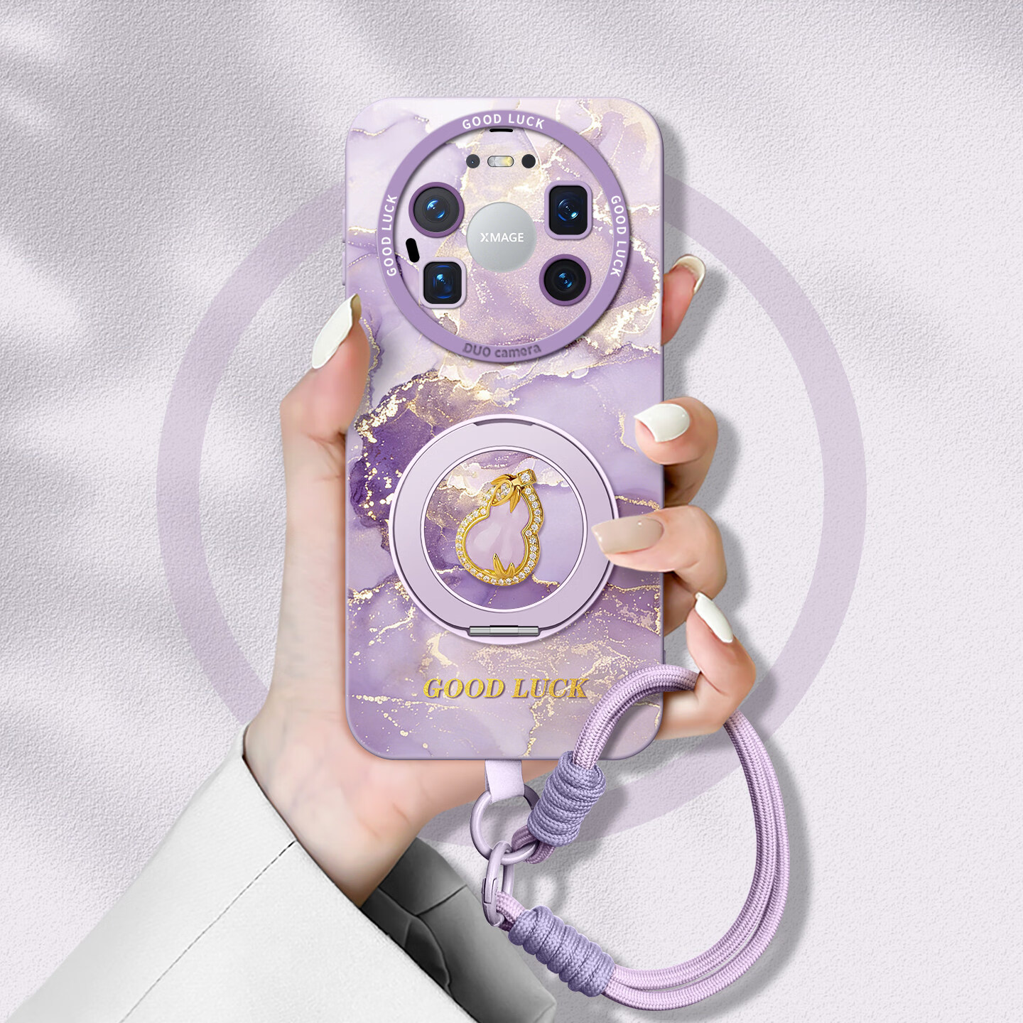 FGMPZ适用华为mate80promax手机壳mate70pro+硅胶保护套70air新款mate80旋转支架mate带挂绳50防摔60pro 【草紫色】水墨竹叶葫芦旋转支架壳+短绳 华为Pura80