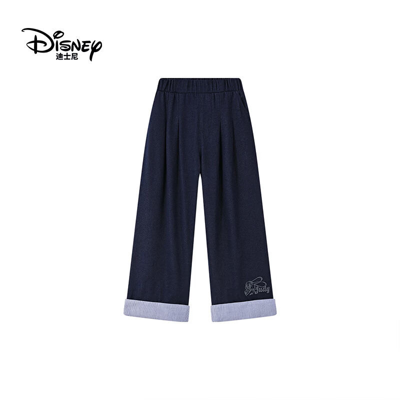 迪士尼（Disney）女童裤子2026春季新款儿童休闲裤中大童女孩卷边拼接宽松直筒长裤 藏青色 130 【建议身高125-135cm,体重50-60斤】