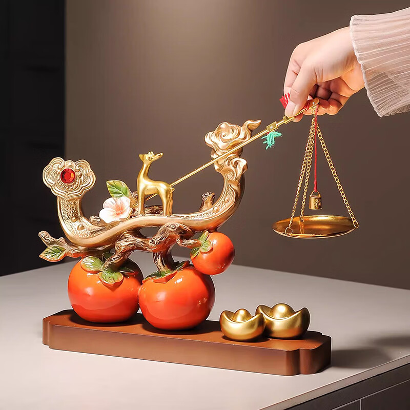 赟娅事事如意柿子桌面摆件入户玄关新中式家居陶瓷装饰品乔迁高档礼物 柿柿称心如意【底座+金鹿+躺赚猫】