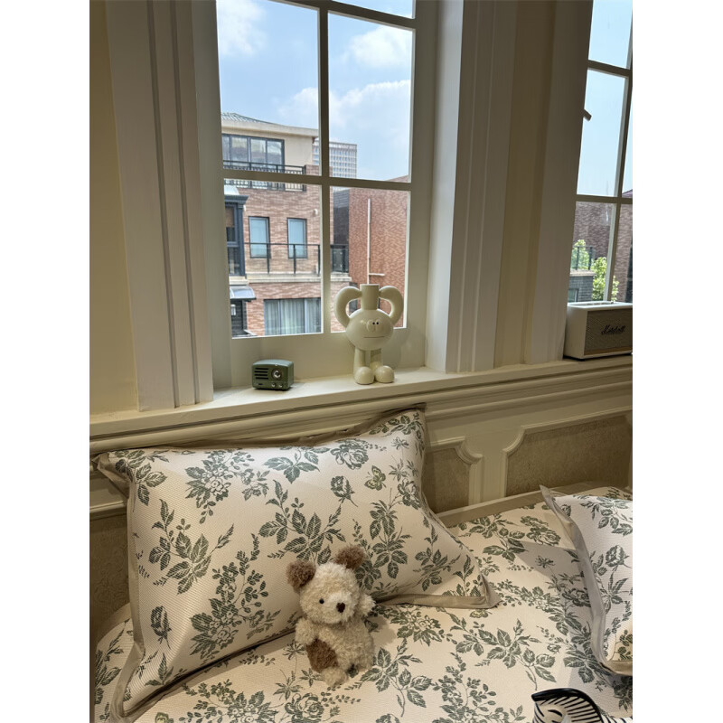 藤席天然纯藤冰法式茶歇绿色碎花可机洗夏凉席三件套空 YAG-冰藤席法式茶歇绿床笠款 1.8m(6英尺)床