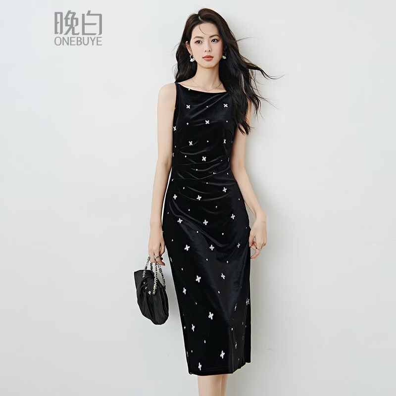 晚白2026年春款光泽感丝绒一字领小黑裙重工刺绣礼服裙显瘦无袖连衣裙 黑色 S