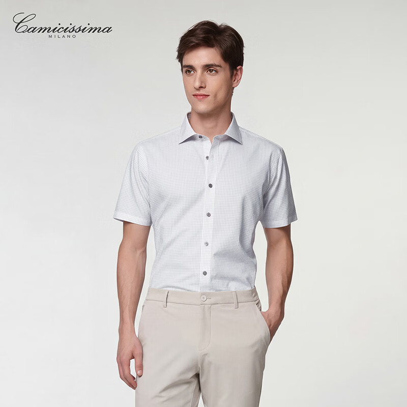 恺米切（CAMICISSIMA）免烫男士短袖衬衫灰白小格商务休闲衬衣男 灰白小格 40