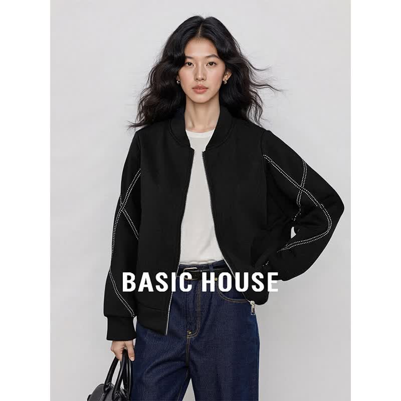百家好（Basic House）百家好美式黑色立领卫衣外套女2026春季拉链开衫夹克 黑色 XL