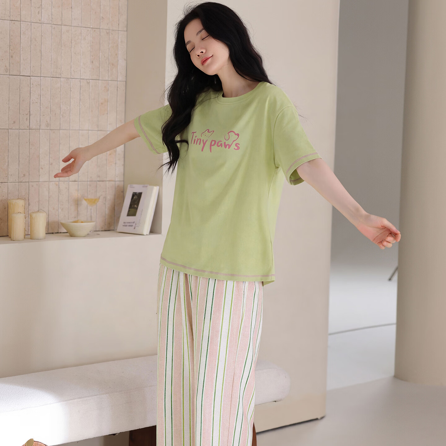 猫人纯棉100%女款带胸垫春夏季睡衣可外穿甜美可爱睡衣家居服套装 粉格苹果 【纯棉100% 自带胸垫】 2XL 【推荐体重140-160斤】