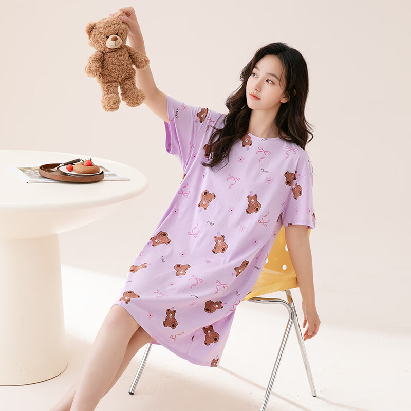 芬腾睡裙女【100%纯棉】新疆棉家居服女士睡衣睡裙女短袖裙26夏新款 香芋紫 XL