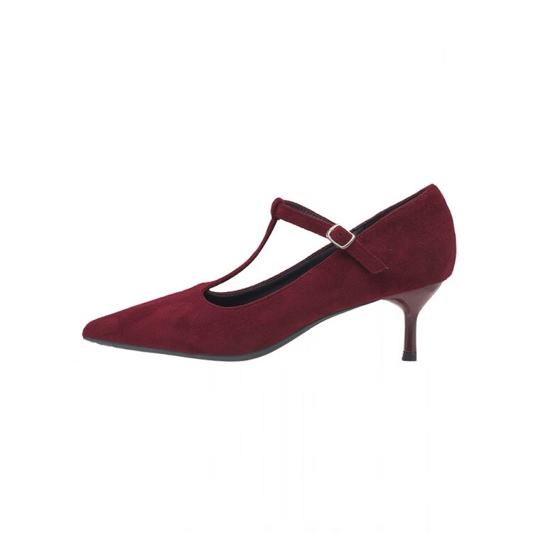 25秋季新款法式浅口单鞋女酒红一字带绒面高跟鞋小香 黑色 36