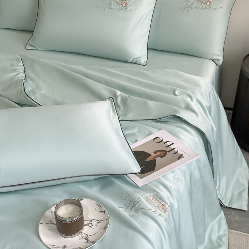水星家纺夏凉被空调被水洗真丝夏被四件套夏季被子裸睡轻奢床单床笠 公主日记-白茶绿 床单款 夏被200*230cm++2枕套