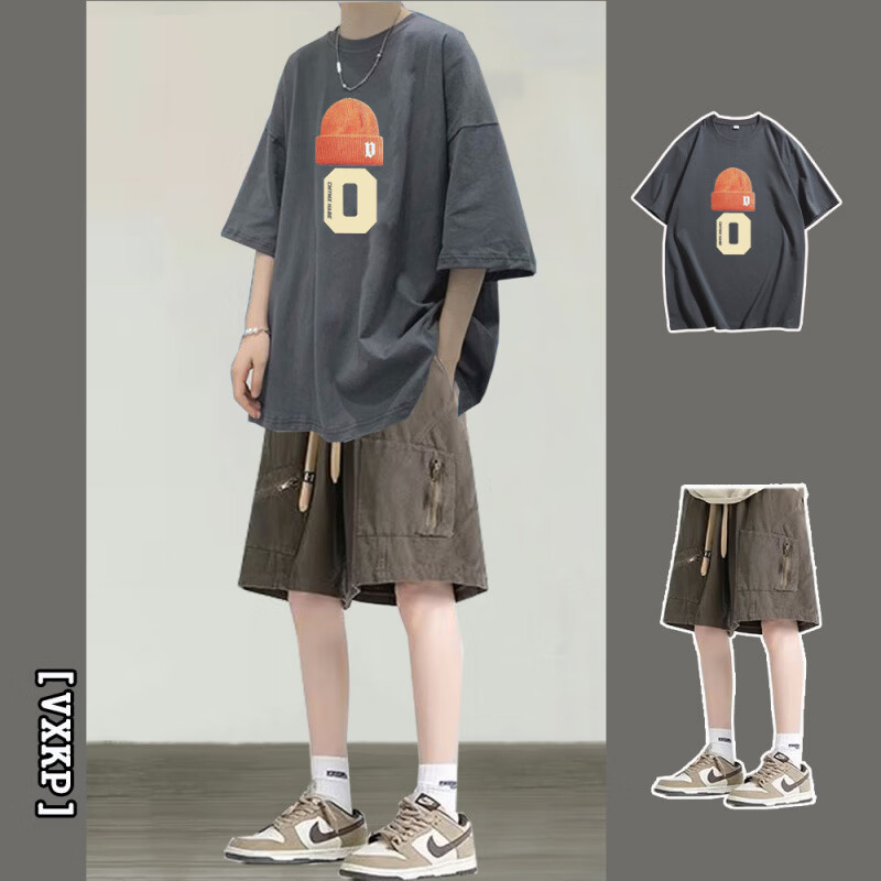 森马（Semir）痞帅短袖t恤套装男夏季潮流搭配工装短裤一套帅气潮牌T恤两件套 【两件套】帽子深灰短袖+军绿短裤 S