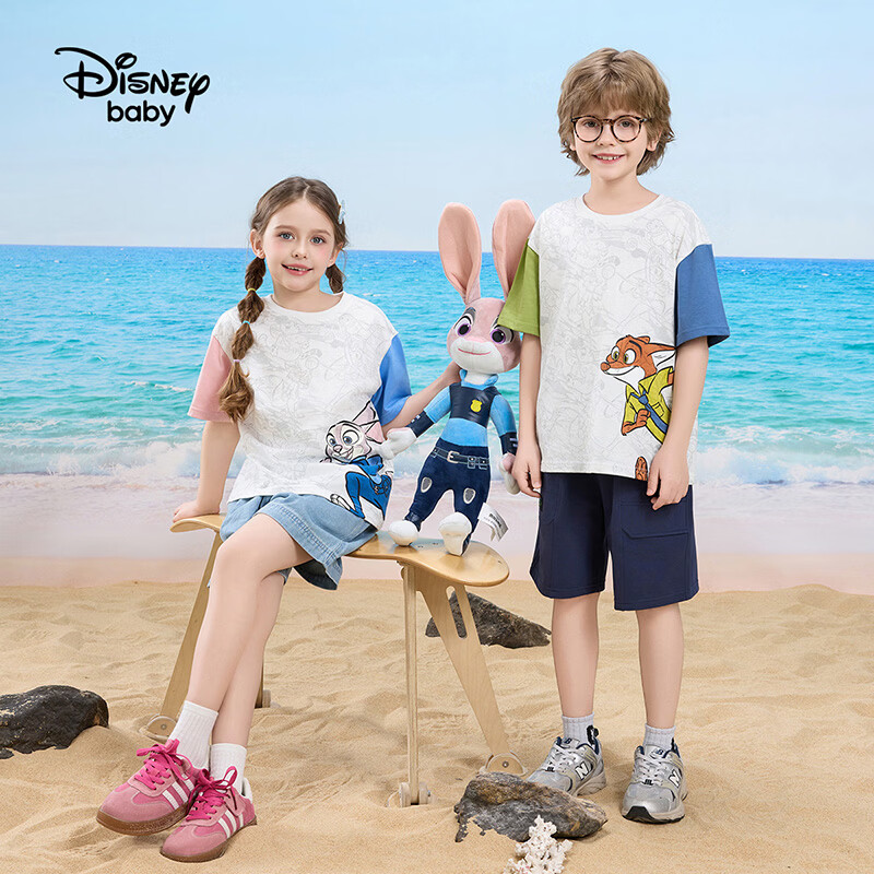 迪士尼（Disney）童装男女童纯棉短袖t恤2026夏新款疯狂动物城印花宽松上衣打底衫 粉蓝 120 高115-125cm重40-50斤