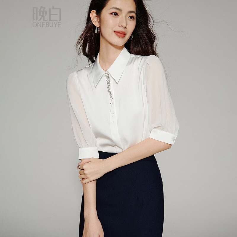 晚白【新品】2026年春款经典尖领中袖衬衣气质职场轻熟缎面白衬衫女 白色 S