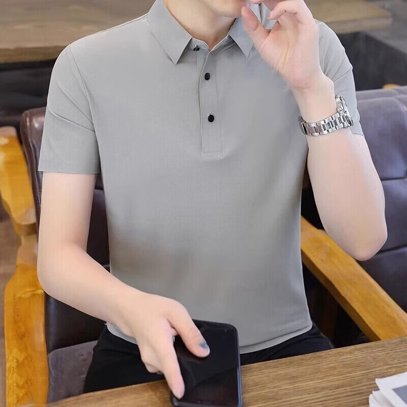 JPUZ男士冰丝无痕polo衫2026夏季高端轻奢翻领短袖t恤青年半袖上衣薄T 1199中灰色 M 90-110斤