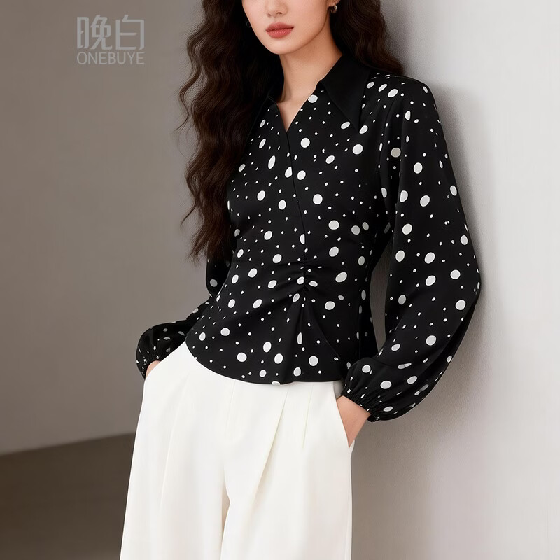 晚白2026年春款经典复古波点翻领上衣轻薄垂顺利落通勤设计感衬衫女 黑色 XL