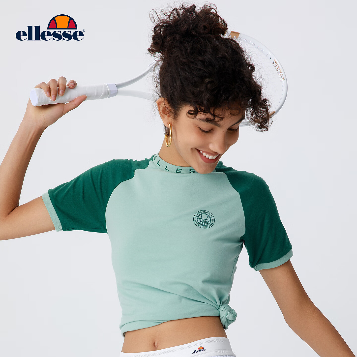 ellesse小贝壳复古撞色拼接修身提花T恤女夏季网球运动短袖上衣女 嫩绿色 M