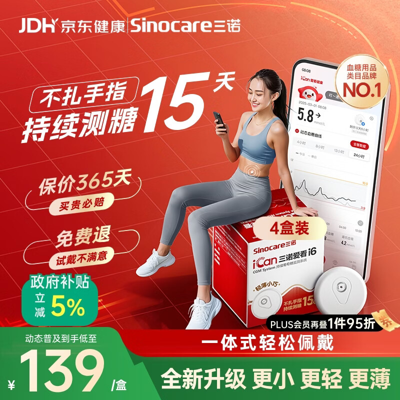 三诺（Sinocare）爱看动态血糖仪升级款i6免扎针免校准15天监测系统4盒装