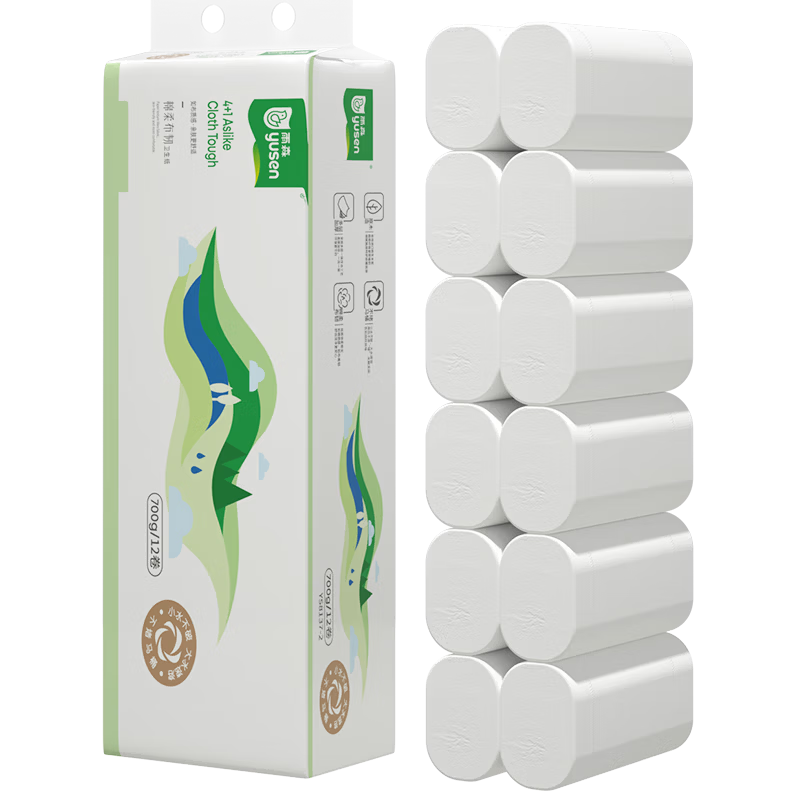 雨森YUSEN棉柔布韧速溶卷纸卫生纸厕纸擦手纸大水速溶小水不破 5层 58g/卷*12卷