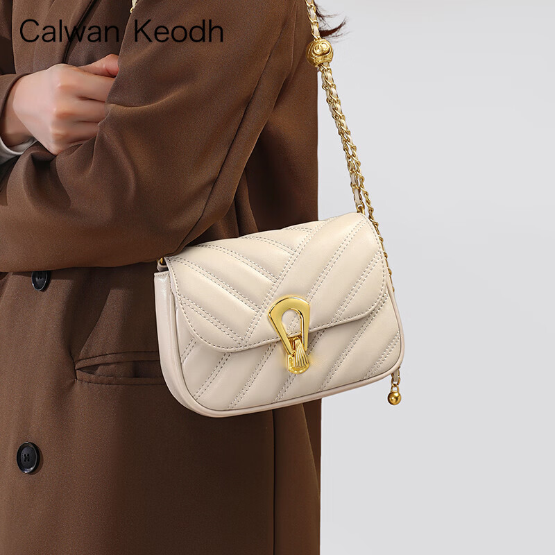 CALWAN KEODH包包女款轻奢2026牛皮斜挎链条单肩小包生日礼物高级感送女友老婆 米白-时尚百搭通勤小众品牌