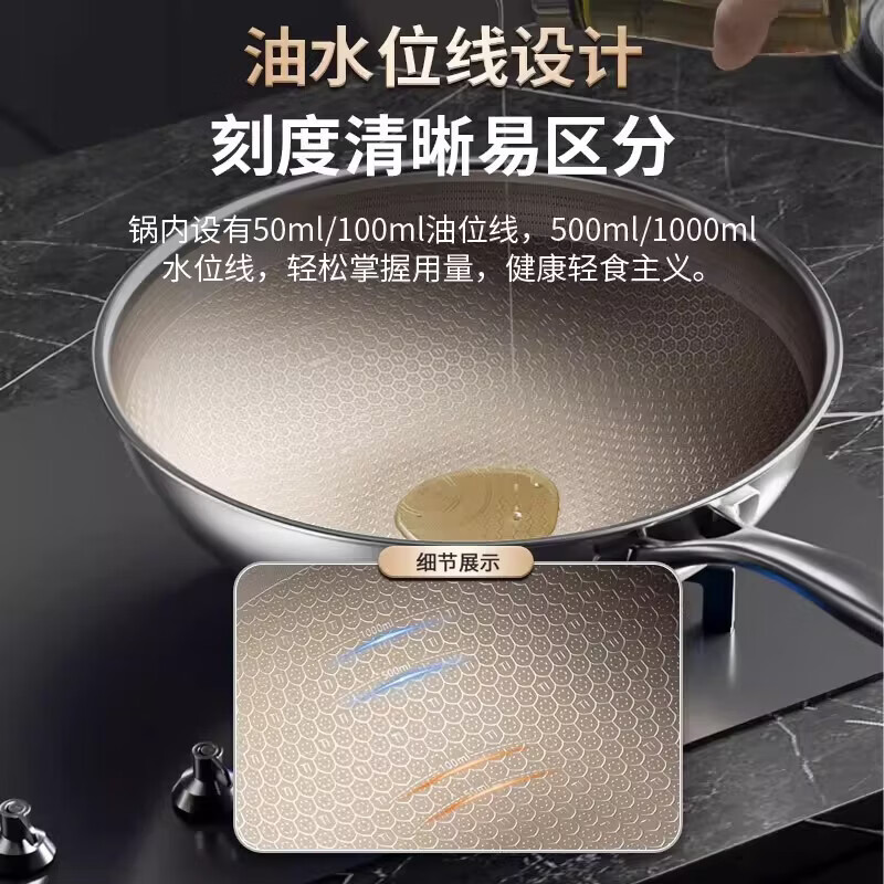 康巴赫（KOBACH）炒锅钛0氟涂层蜂窝不粘锅家用不锈钢平底炒菜锅电磁炉燃气通用 【0氟有钛 不锈不粘】 32cm