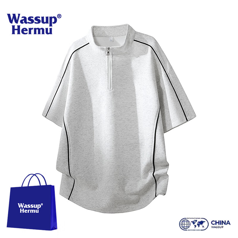 WASSUP HERMU官方短袖套装男夏季休闲运动风线条设计半拉链T恤学生穿搭POLO衫 花白灰上衣 L （推荐100-120斤）