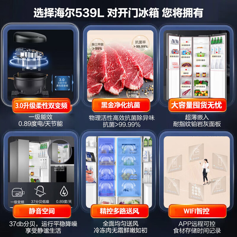 海尔(Haier)家宴539升对开门冰箱黑金净化一级变频超薄大容量家用电冰箱风冷无霜以旧换新 539L+黑金净化技术+99.99%抗菌率