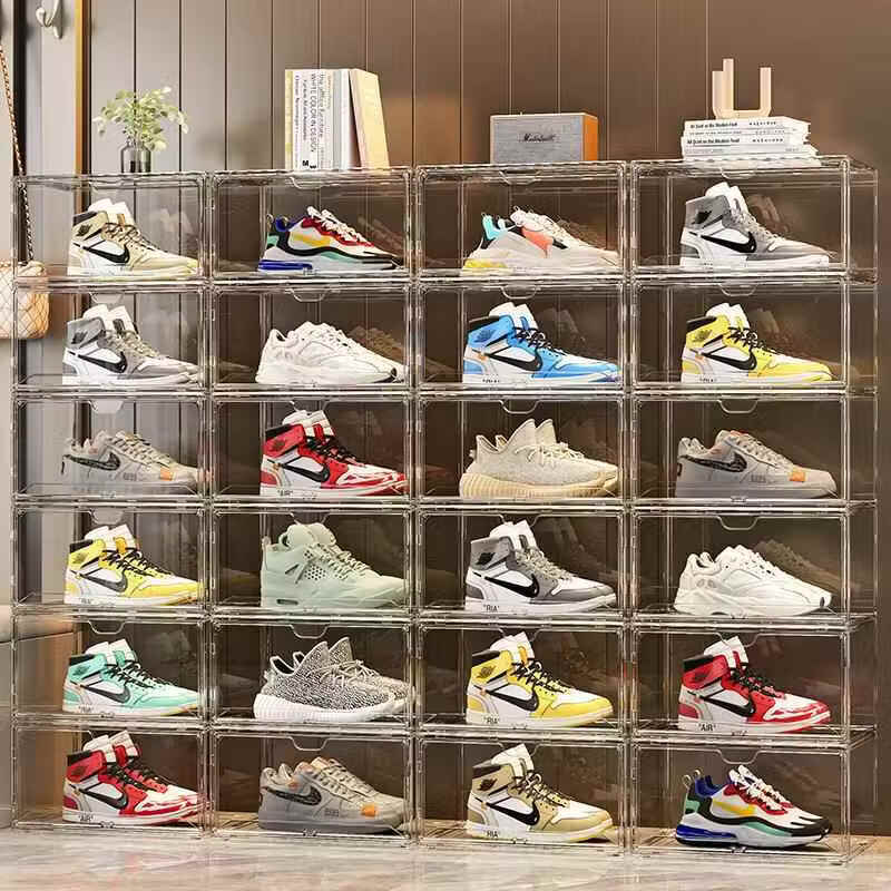 溥畔跨境鞋子收纳盒球鞋防氧化鞋柜家用门口鞋架磁吸鞋墙透明塑料鞋盒 超透PT[正开门]10个装 34x26x18.5cm
