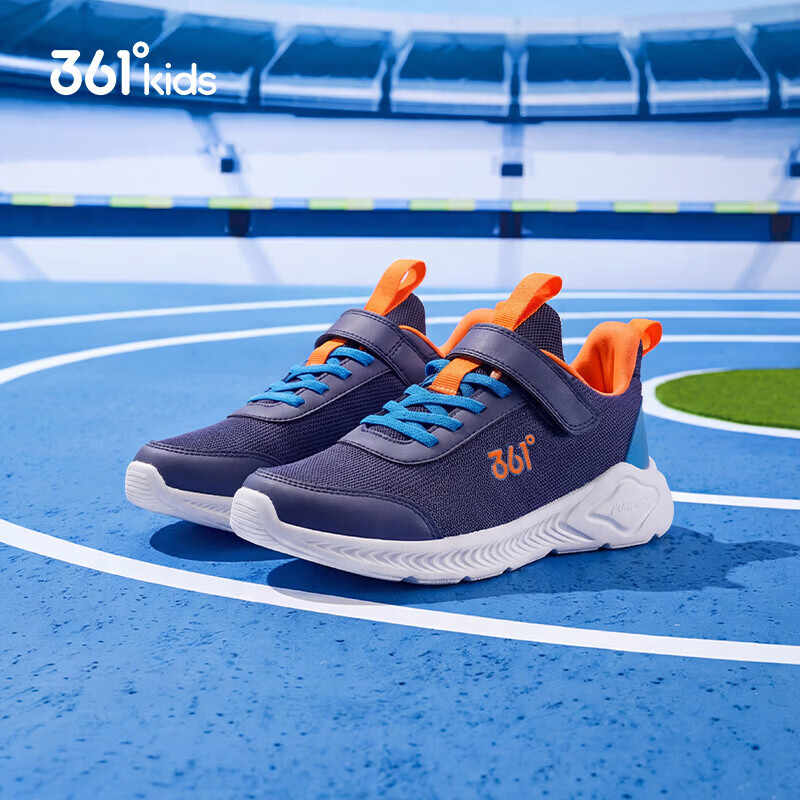 361°儿童运动鞋男童跑鞋秋冬密网轻便魔术贴女童皮革加绒保暖运动鞋 【四季密网】墨蓝/海中蓝色 35