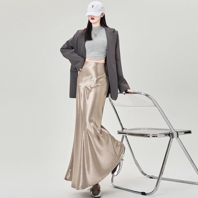 隐形都市醋酸缎面半身裙女2026春夏季新款高腰垂感气a字质包臀鱼尾长裙女 香槟色【气质垂感好】 S