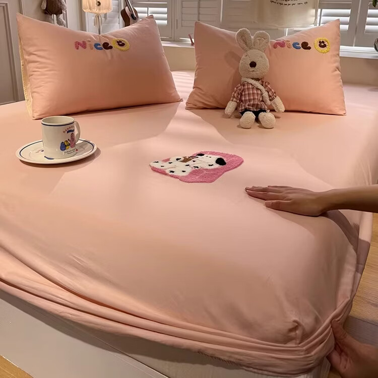 苏萱ins清新绿纯棉毛巾绣床笠罩单件席梦思床垫保护罩全包床套三件套 奶油粉 床笠单件-180x220cm