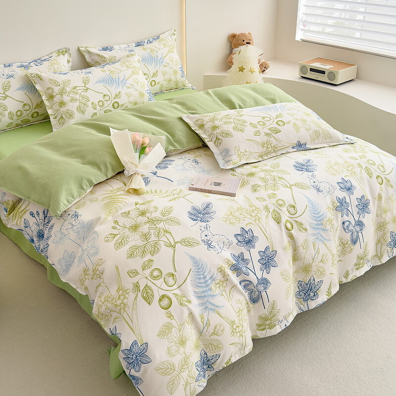 多兰诗（Duolanshi）春夏加厚磨毛四件套 ins四件套花卉田园风格床单被套四件套 鸟语花香M 2.0米 床单款 被套200*230 四件套