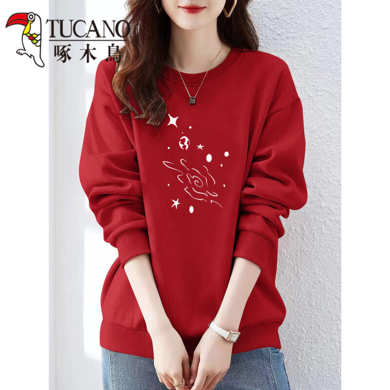 啄木鸟（TUCANO）2026新款圆领纯.棉卫衣女宽松百搭简约春秋 白星空-藏蓝色【不加绒】 S 【建议70-100斤】