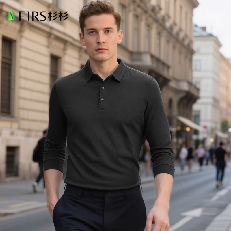 杉杉（FIRS）【柔软亲肤】春秋爆款商务polo衫舒适翻领百搭长袖t恤男体恤 黑色 M 170/88A/110