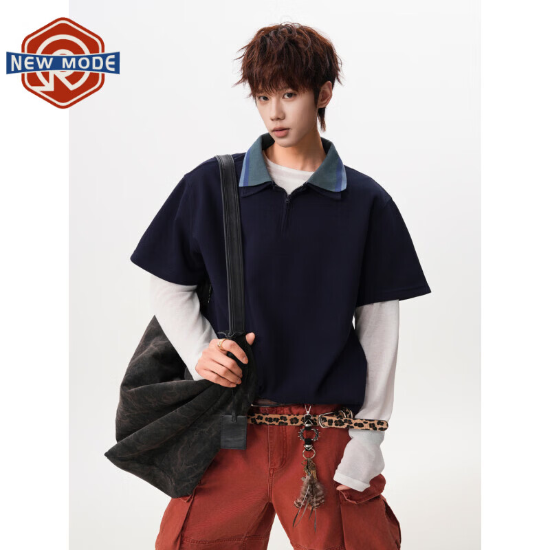 NEW OR MODE美式高级感拼接短袖polo衫男夏季复古撞色宽松设计感百搭半袖t恤 蓝色【高品质】 M 【建议90-110斤】