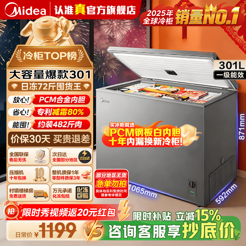 ���ģ�Midea�����ܶ�ϵ��301�����¼�˪80%PCM�����Ͻ���ڵ����䶳�����öڻ����300�����ϴ��������� �����ܶ� 301L ���ɶ���Լ350�� 926.05Ԫ