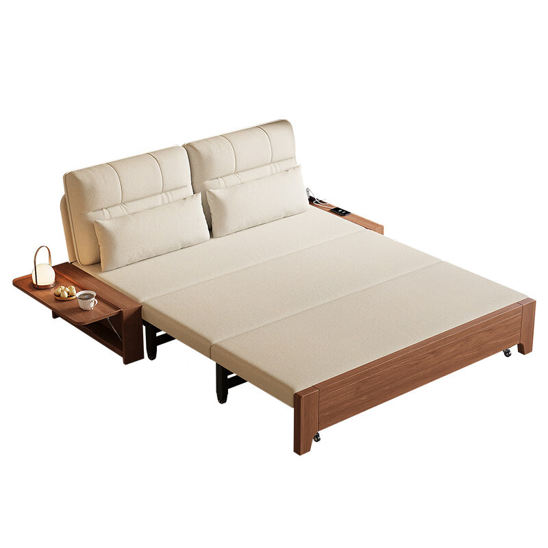沙发床简约现代多功能两用可折叠小户型客厅家用新款折叠沙发 带储物箱1.5米(乳胶款_米白)原木色